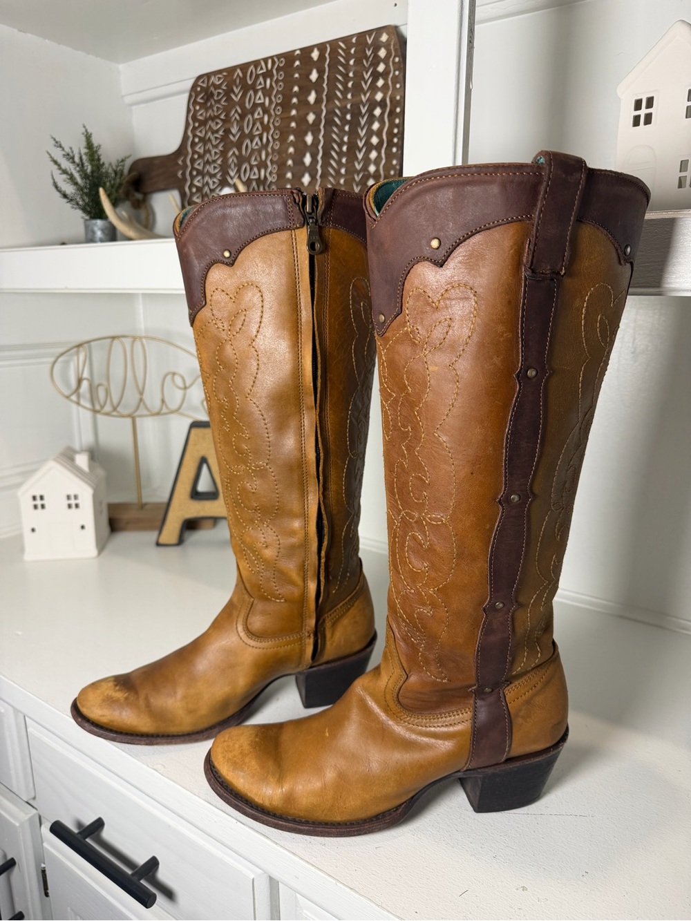 Corral Womens 9M Brown Leather Tall Cowboy Boots Western Cowgirl Two Tone